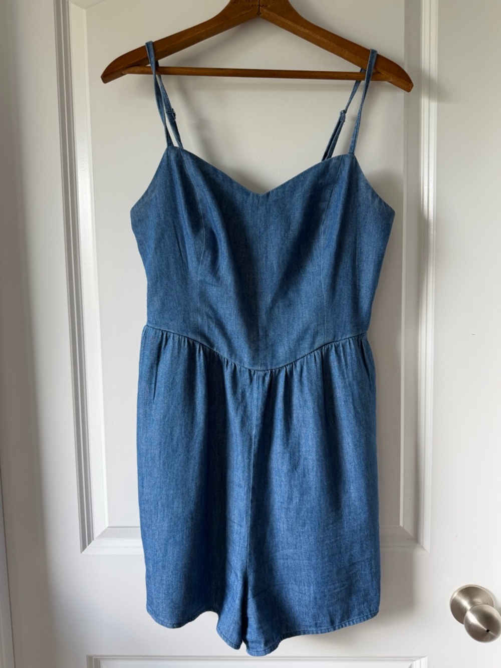 Denim Coastal Cutie Festival Romper with adjustable Straps and Pockets